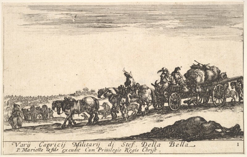 Plate 1: A horse drawn cart carrying people and goods, dead horse in the foreground, f..., ca. 1641. Creator: Stefano della Bella.