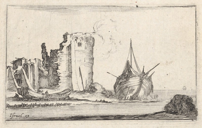 Plate 2: a ship at right and a rowboat at left, washed up on shore, a tower in ruins b..., ca. 1642. Creator: Stefano della Bella.