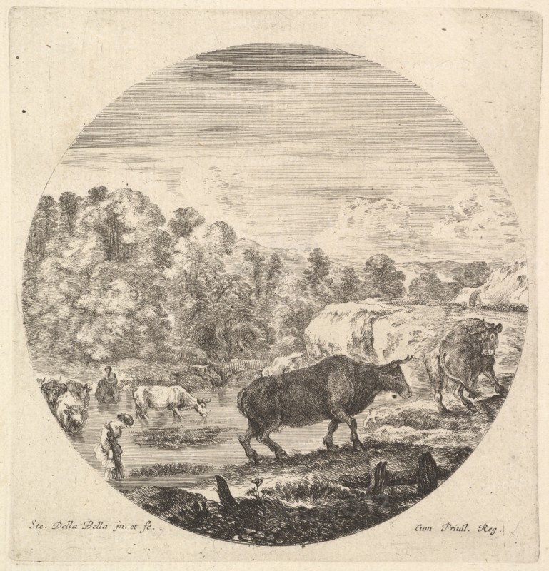 Two cows in center, followed by two peasant women and other cows in the river to le..., ca. 1643-48. Creator: Stefano della Bella.