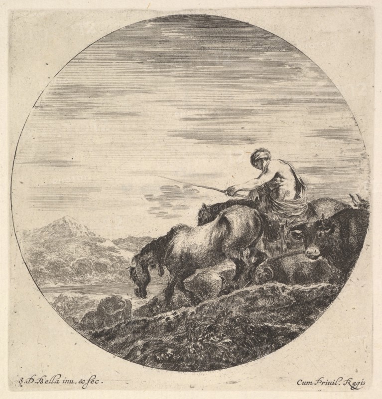 A shepherd at right, facing left, driving a group of animals downhill, a round comp..., ca. 1643-48. Creator: Stefano della Bella.