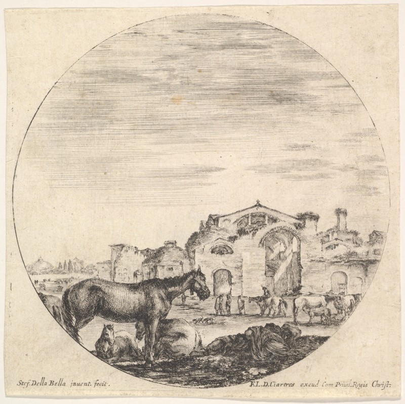 Plate 12: a shepherd sleeping on the ground to right, three horses to left, other h..., ca. 1643-48. Creator: Stefano della Bella.