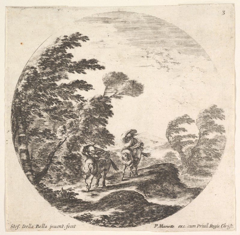 Plate 3: a gale in the forest, two horsemen wrapped in their cloaks, the wind is bl..., ca. 1643-48. Creator: Stefano della Bella.