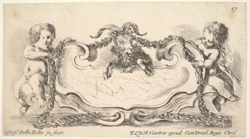 Plate 17: a cartouche with a marble center, an infant on either side holding a garland ove..., 1646. Creator: Stefano della Bella.
