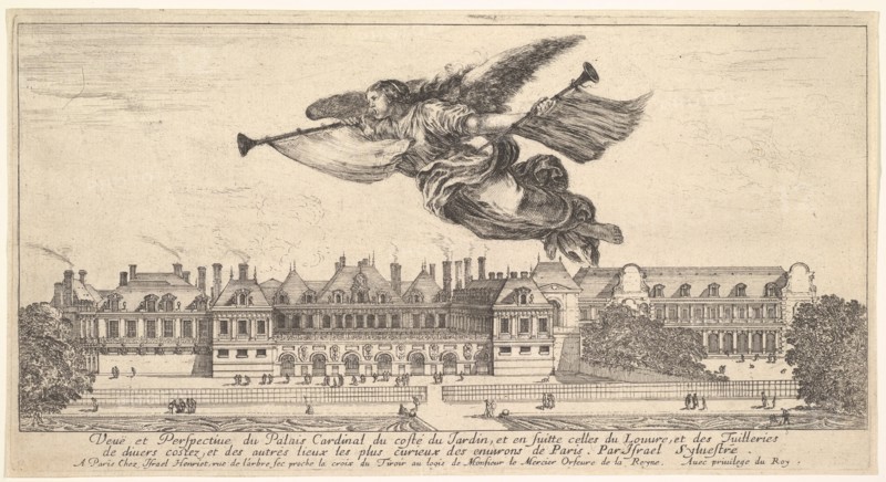 View of the Palais Cardinal, the figure of Fame at top center flying towards the left a..., 1649-51. Creator: Stefano della Bella.
