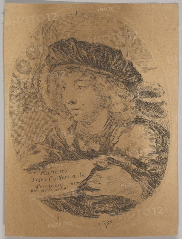 A bust of a young man wearing a cap with feathers, turned three-quarters to the left, the ..., 1650. Creator: Stefano della Bella.