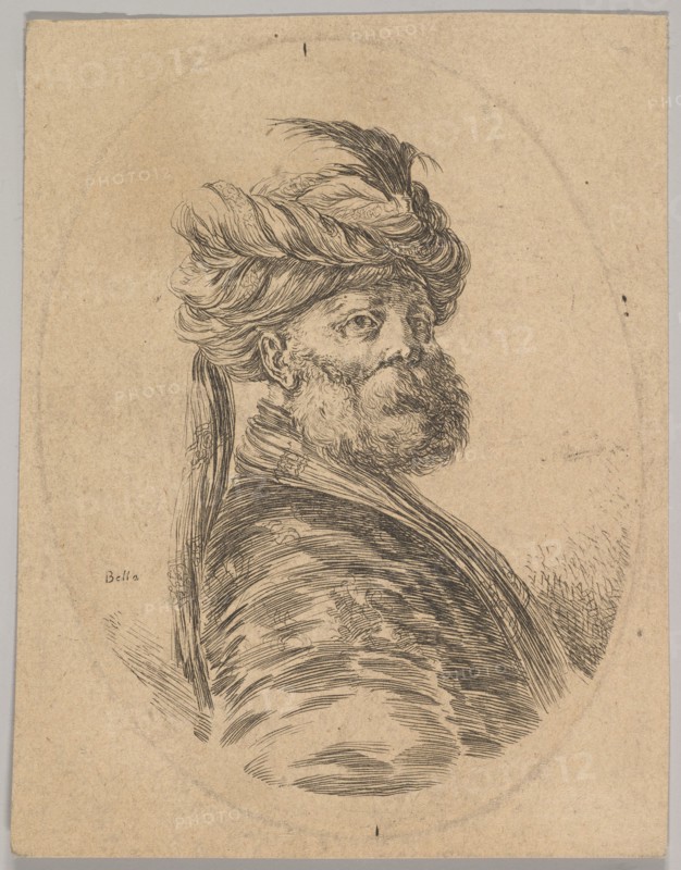 A Turkish man with a beard and turban with one long feather in front, turned three-quarter..., 1650. Creator: Stefano della Bella.