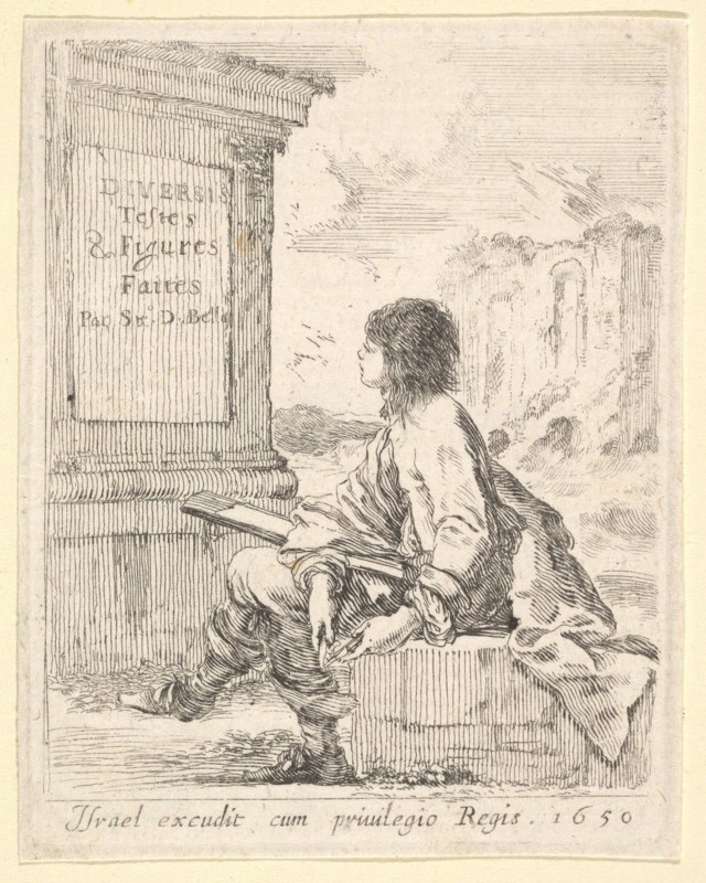 Plate 1: a young man sitting on a stone, facing left in profile, holding a drawing pad in ..., 1650. Creator: Stefano della Bella.