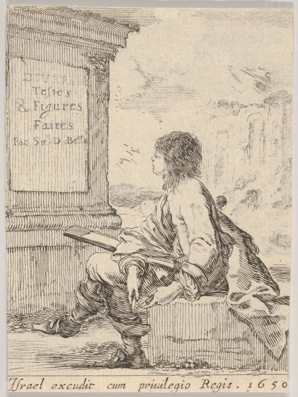 Plate 1: a young man sitting on a stone, facing left in profile, holding a drawing pad in ..., 1650. Creator: Stefano della Bella.