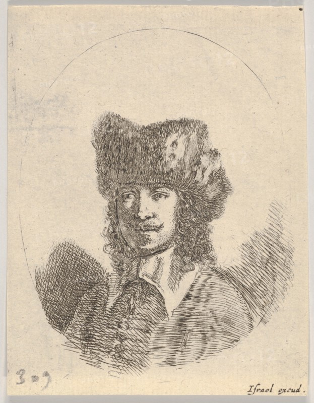 Plate 2: head of a man with a moustache and fur cap facing left, an oval composition, from..., 1650. Creator: Stefano della Bella.