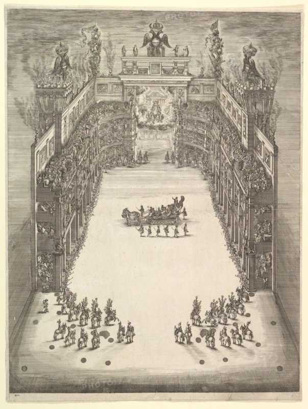 Theater at Modena, seen from above and filled with spectators, with a triumphal car at cen..., 1652. Creator: Stefano della Bella.
