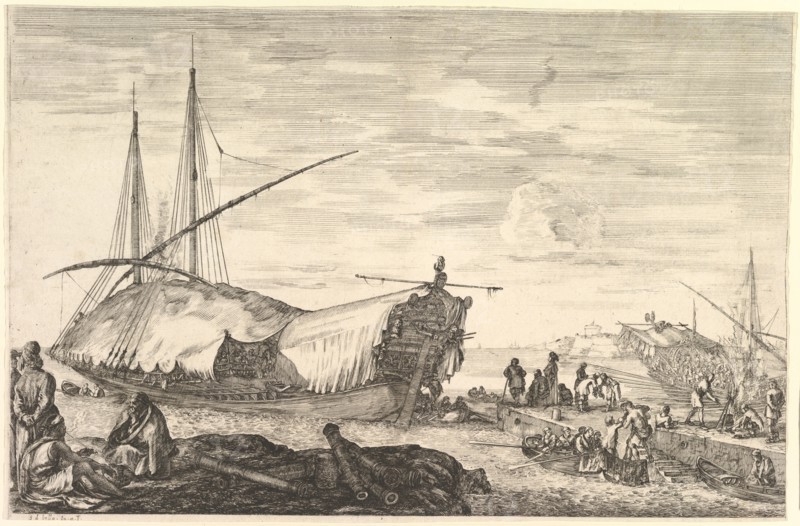 A galley covered in sails to left, six cannons and four people to left in foregroun..., ca. 1652-57. Creator: Stefano della Bella.