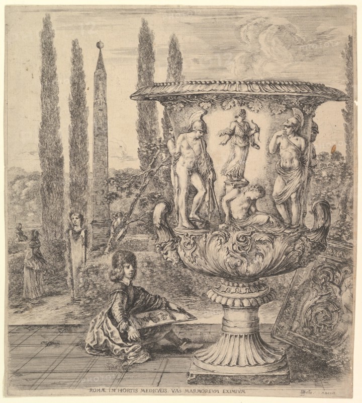 The Medici vase, a large vase to right decorated with a representation of the sacrifice of..., 1656. Creator: Stefano della Bella.