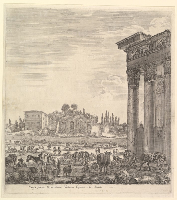The columns of the Temple of Antoninus to right, a part of the Campo Vaccino in center and..., 1656. Creator: Stefano della Bella.