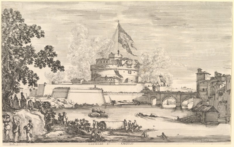 View of the Tiber river, a large tree to left, two groups of women to left in the fore..., ca. 1656. Creator: Stefano della Bella.