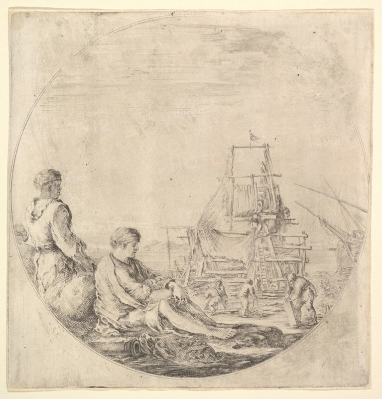 A black sailor standing to left, in profile to the right, a white sailor seated in ..., ca. 1658-63. Creator: Stefano della Bella.