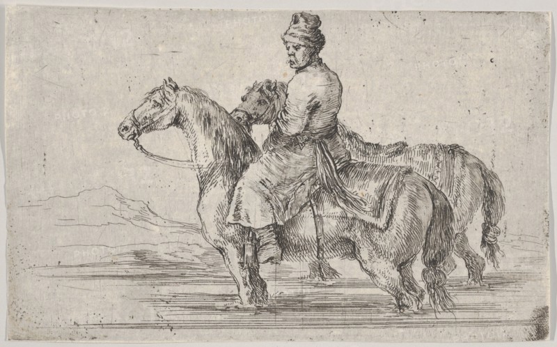 A valet taking two horses to bathe, sitting atop one horse in a river, the other besid..., ca. 1662. Creator: Stefano della Bella.