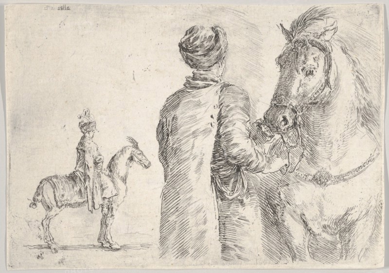 A Polish valet, seen from behind, holding the bridle of a horse to right, a Polish hor..., ca. 1662. Creator: Stefano della Bella.