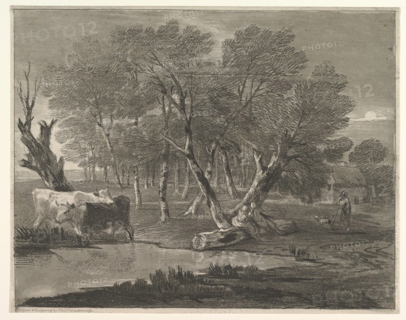 Wooded Landscape with Cows beside a Pool, Figures and Cottage, 1775-80. Creator: Thomas Gainsborough.
