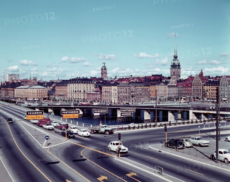 Left traffic over Vasabron, Sweden; with view towards Kornhamnstorg, Stockholm, 1960s. Creator: Unknown.