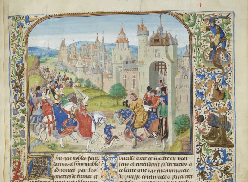 Isabella of France welcomed by her brother Charles IV to Paris, ca 1470-1475. Creator: Liédet, Loyset