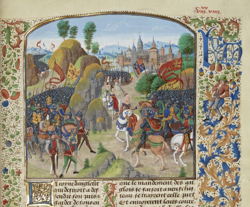 Queen Philippa of Hainault before the Battle of Neville's Cross on 17 October 1346, ca 1470-1475. Creator: Liédet, Loyset
