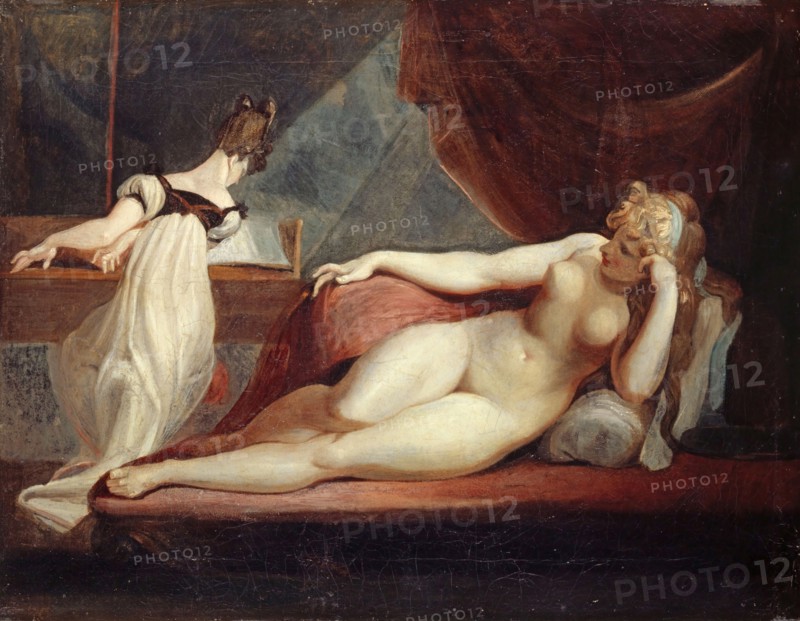 Resting female nude and a piano player, 1799-1800. Creator: Füssli