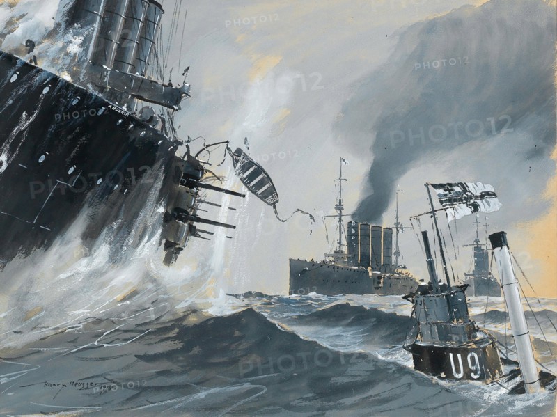 Submarines and warships: the journeys of HMS Aboukir, Hogue and Cressy, 1914. Creator: Heusser, Heinrich
