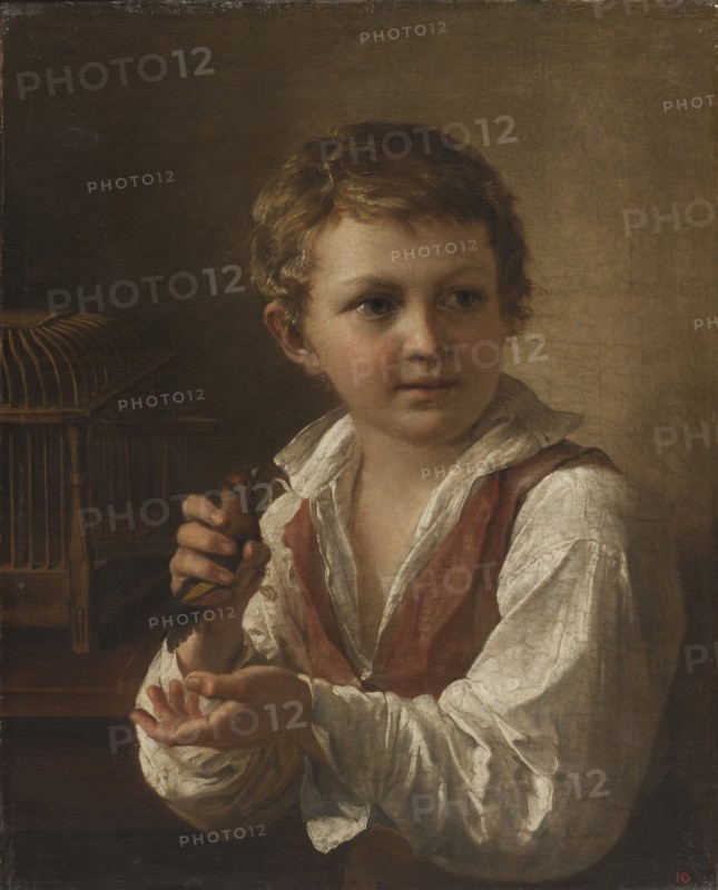 Boy with a Goldfinch. Creator: Tropinin, Vasili Andreyevich