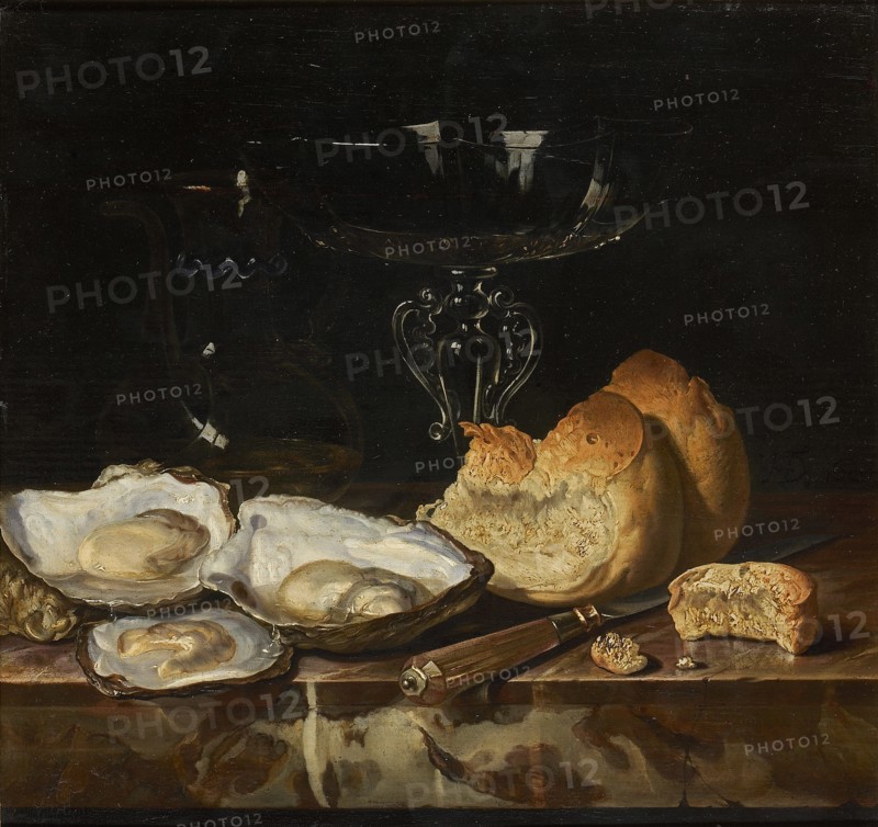 Still life with oysters, bread and Venetian wine glass, 1661. Creator: Fromantiou, Henri de