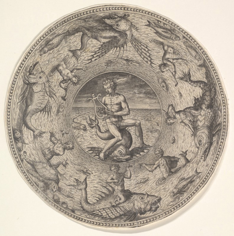 Arion on a Dolphin surrounded by a Border decorated with Sea Creatures, from a Set of..., 1580-1600. Creator: Adriaen Collaert.