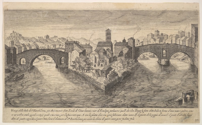 Plate 37: view of the church of San Bartolomeo all'Isola on Tiber Island, Rome, flanked by..., 1606. Creator: Aegidius Sadeler II.