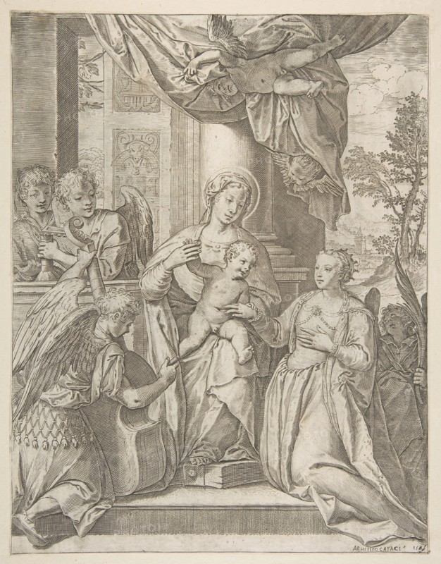 The mystic marriage of Saint Catherine who sits at center with the Christ child, angels wi..., 1585. Creator: Agostino Carracci.