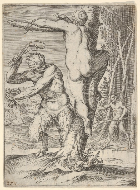 Satyr whipping a nymph, who is shown from behind and bound to a tree, a second saty..., ca. 1590-95. Creator: Agostino Carracci.