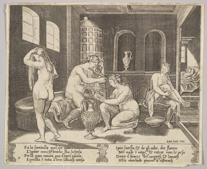 Plate 7: Psyche attended in her bath by nymphs, in the background right Psyche repr..., ca. 1520-36. Creator: Agostino Veneziano.