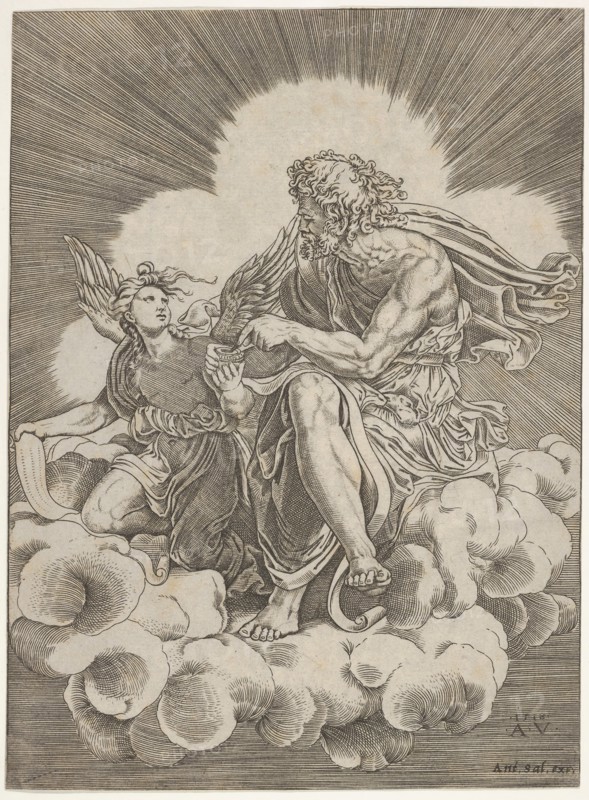 St. Matthew, seated on a cloud and dipping a quill into an inkwell held by an angel..., ca. 1518-20. Creator: Agostino Veneziano.