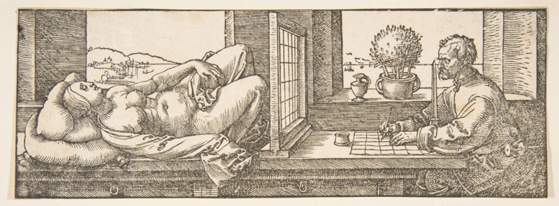 Draughtsman Making a Perspective Drawing of a Reclining Woman, ca. 1600. Creator: Albrecht Durer.