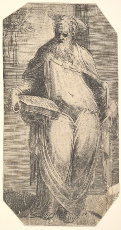 Saint Simon standing, supporting a book on his right thigh, from 'Christ and the Ap..., ca. 1548-50. Creator: Andrea Schiavone.