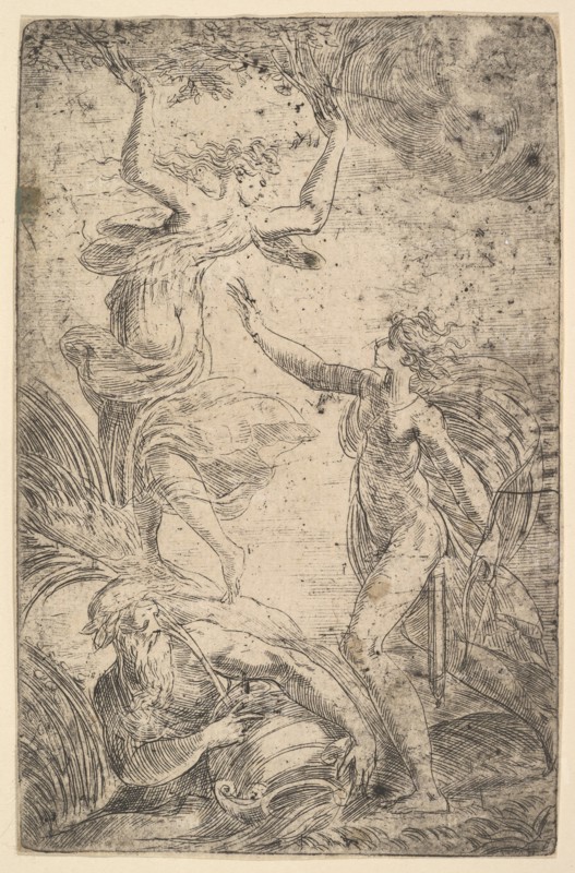 Apollo at right holding a bow chasing Daphne at the left, ca. 1538-40. Creator: Andrea Schiavone.