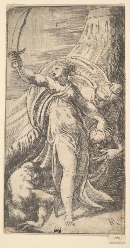 Judith her sword raised in her right hand, placing the head of Holofernes in the sa..., ca. 1542-45. Creator: Andrea Schiavone.