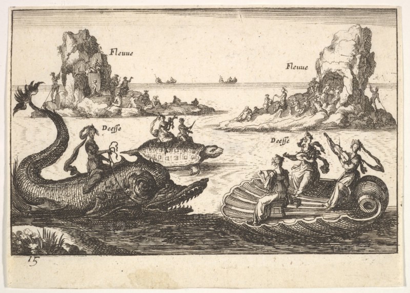 Plate 15: Rivers and goddesses, with floating islands guided by pole bearers, female figur..., 1664. Creator: Unknown.