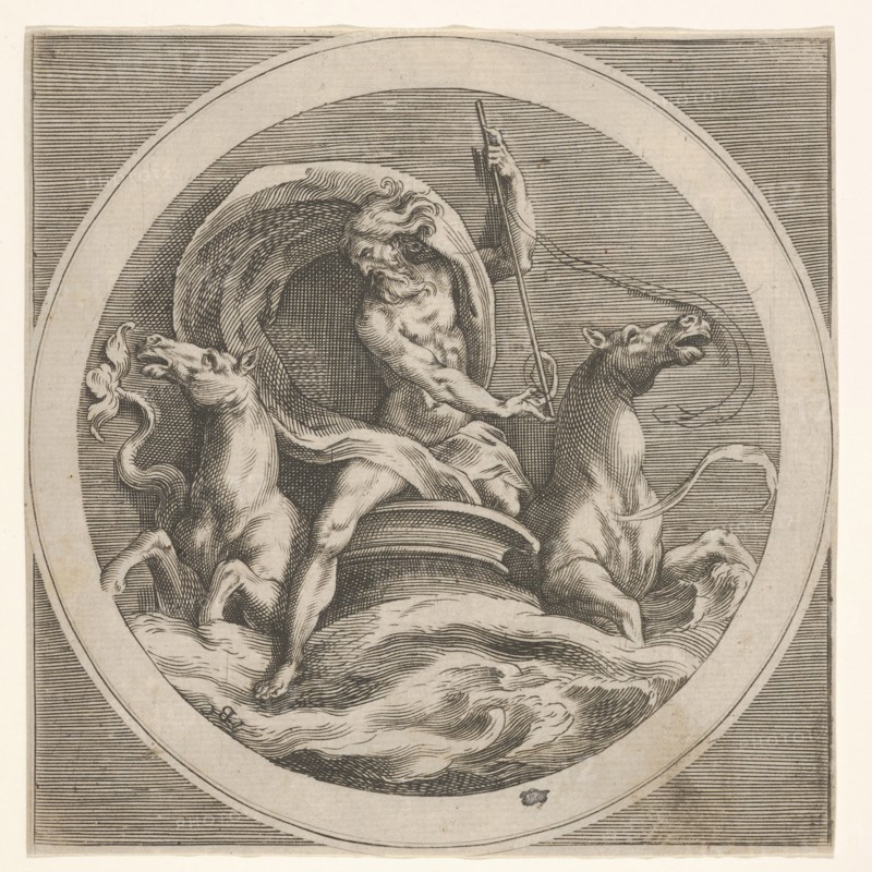 Neptune rising from the sea and bearing a staff, accompanied by two horse-headed ..., ca. 1550-1600. Creator: Unknown.