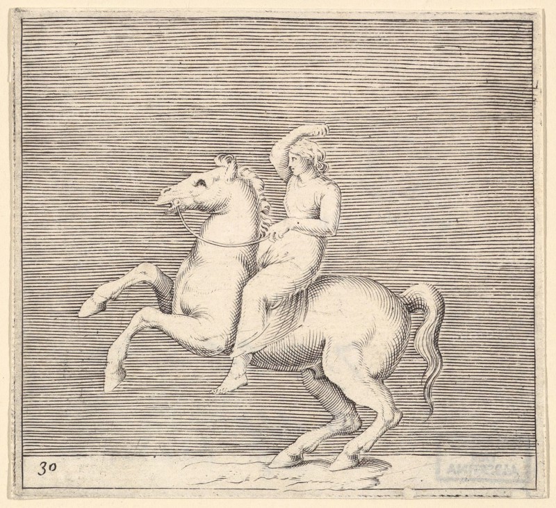 Woman on Rearing Horse, published ca. 1599-1622. Creator: Unknown.