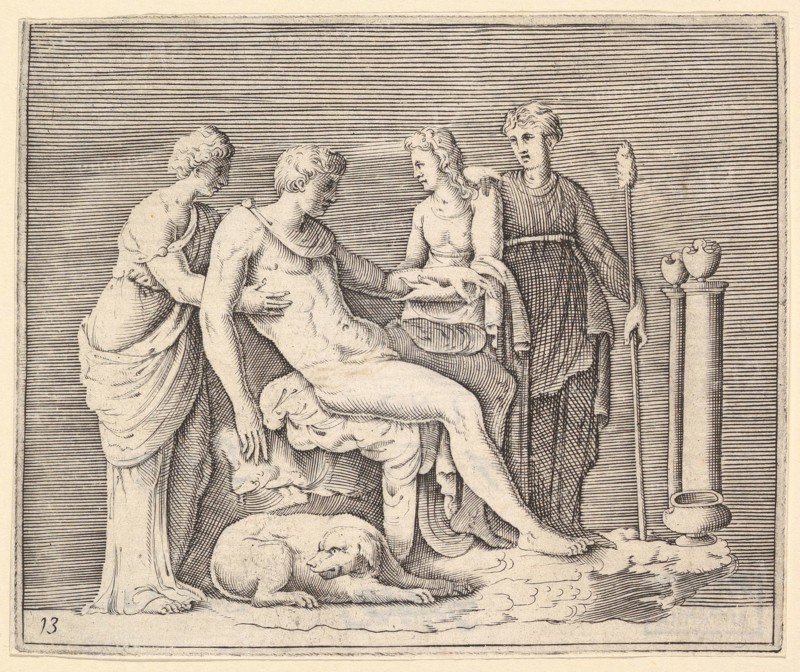 Man Attended by Three Women, published ca. 1599-1622. Creator: Unknown.