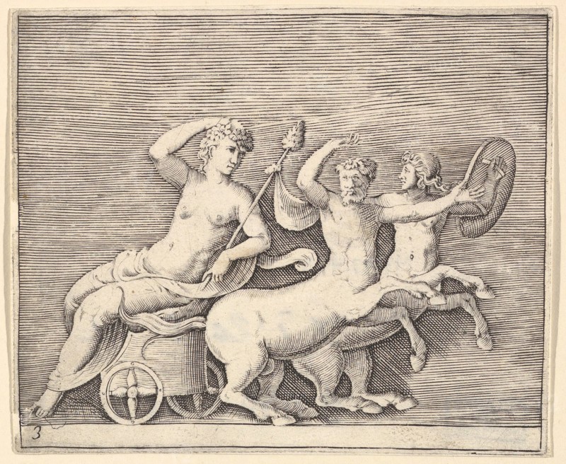 Reclining Female Figure on a Chariot drawn by Two Centaurs, published ca. 1599-1622. Creator: Unknown.