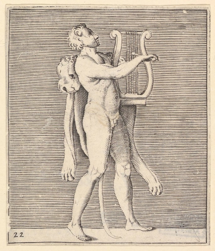 Hercules playing a lyre, a lionskin draped over his shoulder, published ca. 1599-1622. Creator: Unknown.