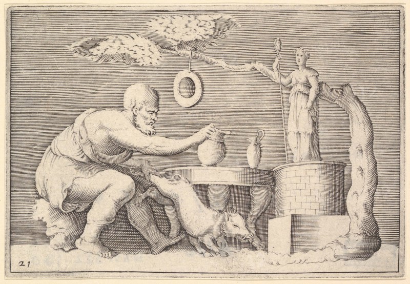 A Faun or Satyr Preparing a Pig for Sacrifice, published ca. 1599-1622. Creator: Unknown.
