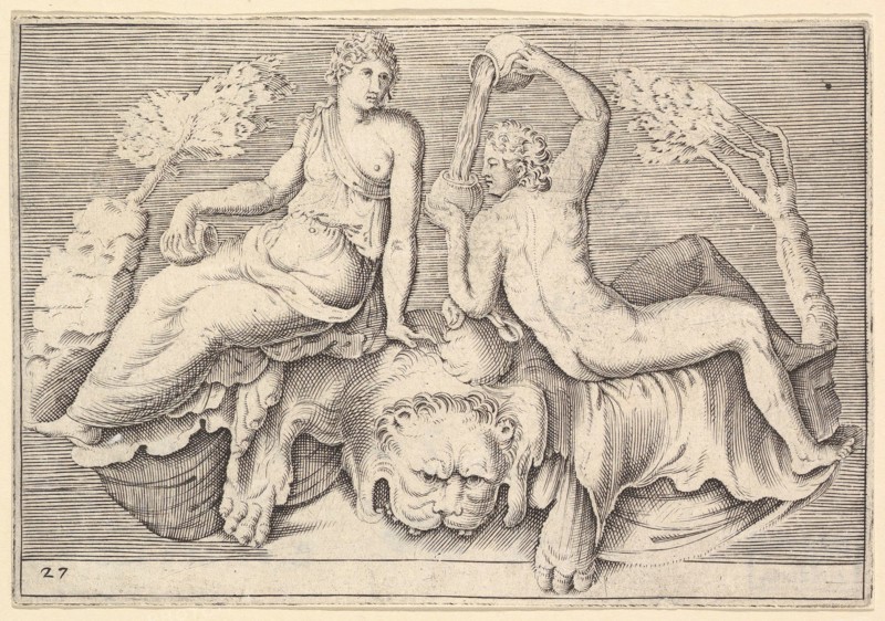 Woman and Man Seated on Lionskin, Man Pouring Wine, published ca. 1599-1622. Creator: Unknown.