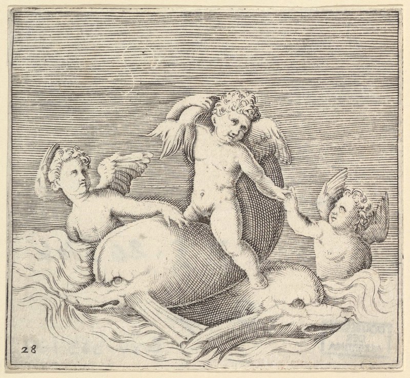 Three Cupids and Two Dolphins, published ca. 1599-1622. Creator: Unknown.