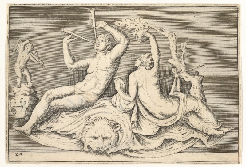 Man Playing Two Flutes and Woman on Lionskin, published ca. 1599-1622. Creator: Unknown.