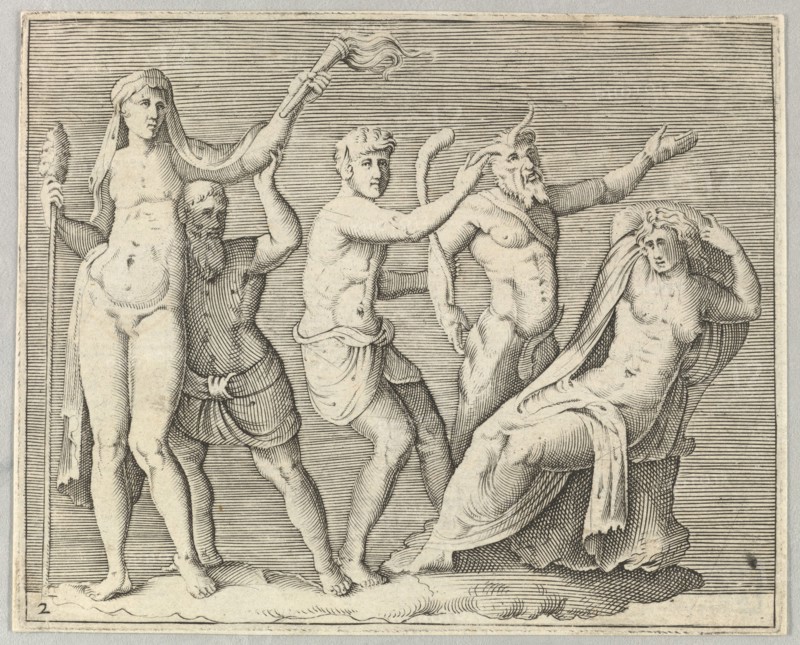 Two Figures, a Faun, and a Satyr approach a Recliniing Woman, published ca. 1599-1622. Creator: Unknown.
